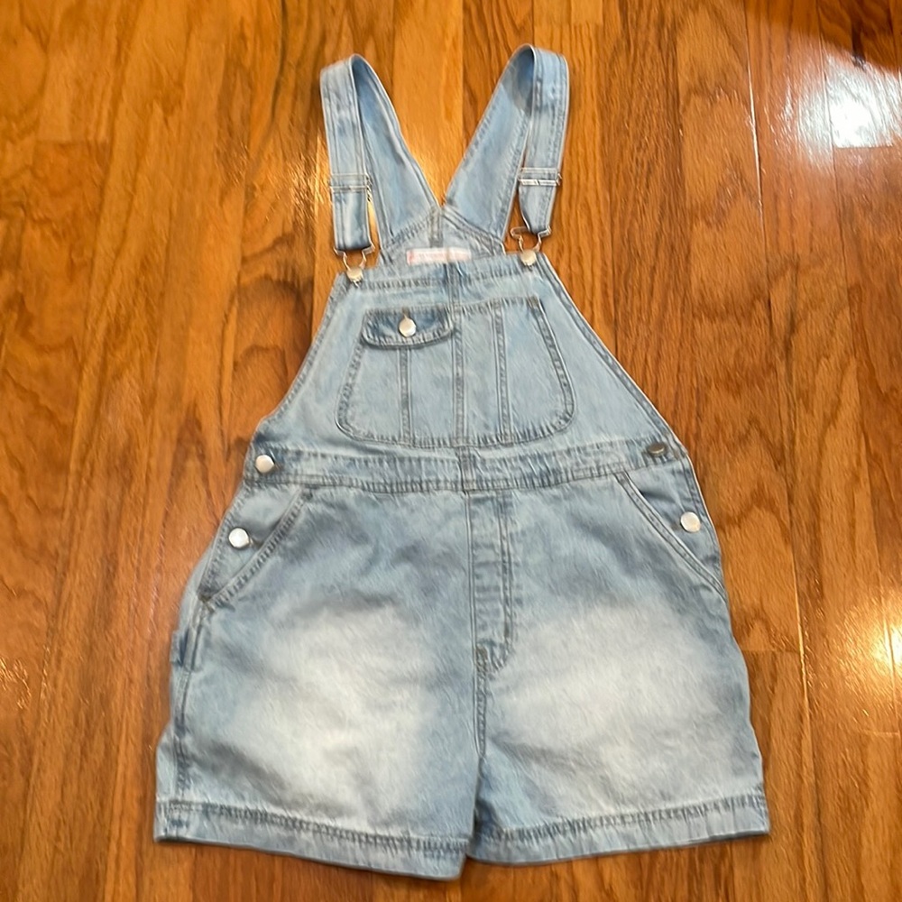 Woman’s Junior Bib Overall Faded Denim Adjustable Straps & back Pockets Large